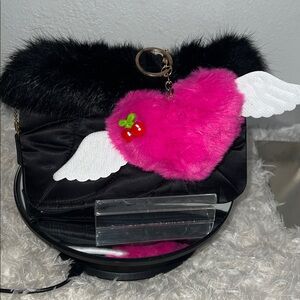 Black Quilted Wristlet with Hot Pink Heart Charm